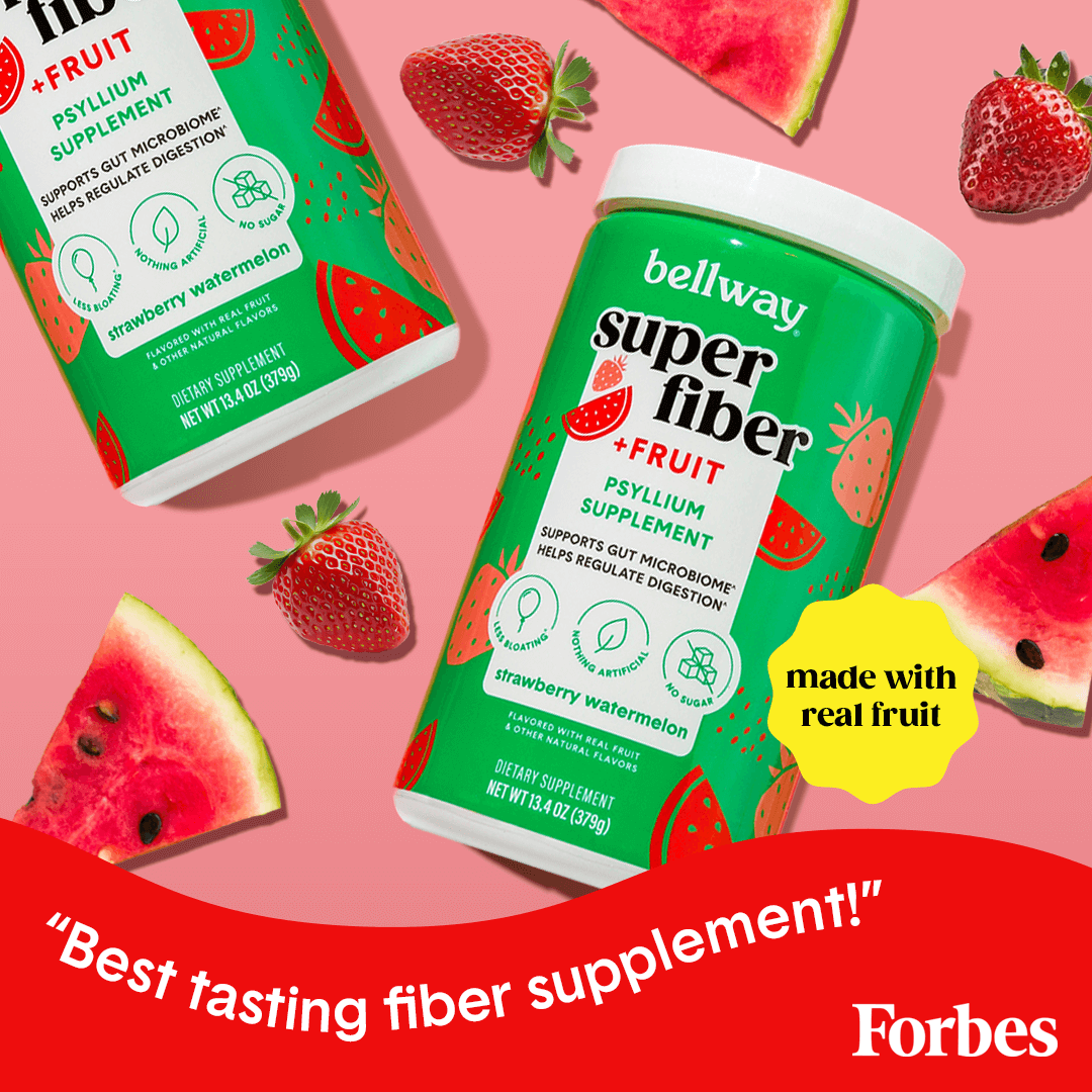 Bellway Super Fiber + Fruit strawberry watermelon tubs on a pink surface with strawberries and watermelon slices. Forbes Magazine quote says "Best tasting fiber supplement!"