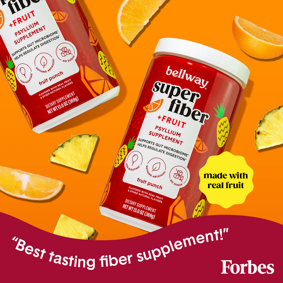 Bellway Super Fiber + Fruit fruit punch tubs on an orange surface with orange and pineapple slices. Forbes Magazine quote says "Best tasting fiber supplement!"