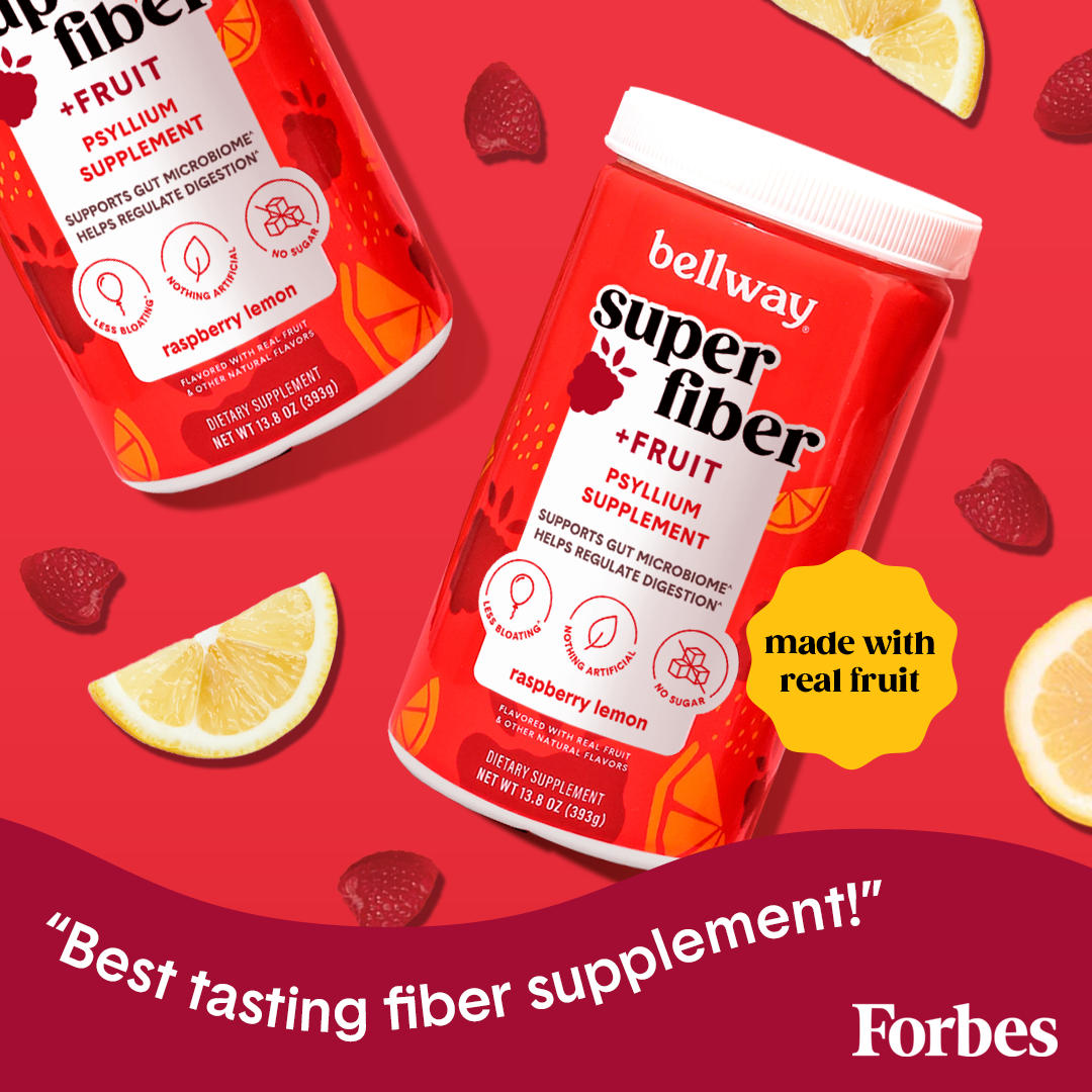 Bellway Super Fiber + Fruit raspberry lemon tubs on a red surface with raspberries and lemon slices. Forbes Magazine quote says "Best tasting fiber supplement!"