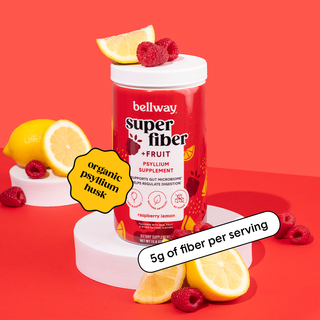 Bellway Super Fiber + Fruit raspberry lemon product image on a red background with raspberries and lemons. Text callouts read "organic psyllium husk" and "5g of fiber per serving."