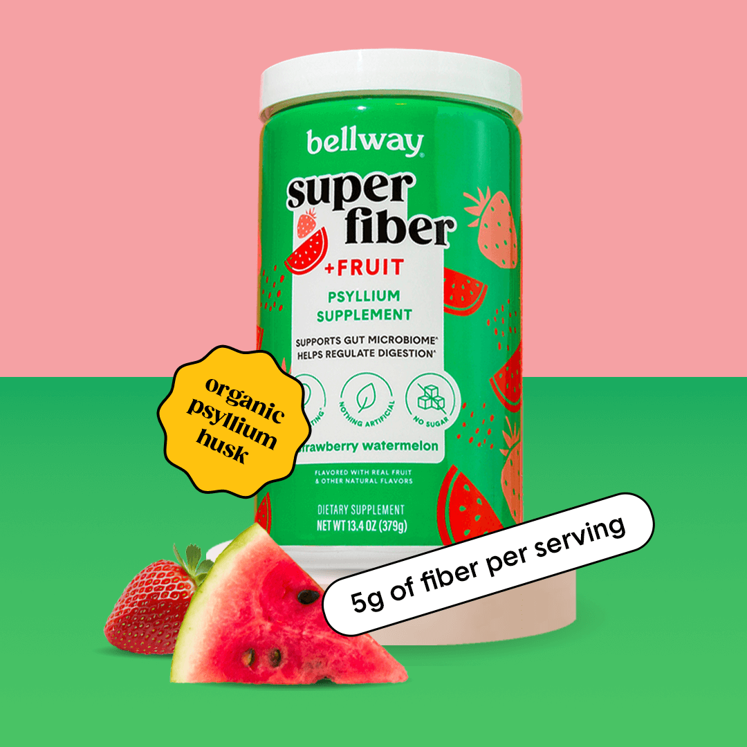 Bellway Super Fiber + Collagen strawberry watermelon product image on a pink and green background with a strawberry and a watermelon slice. Text callouts read "organic psyllium husk" and "5g of fiber per serving."