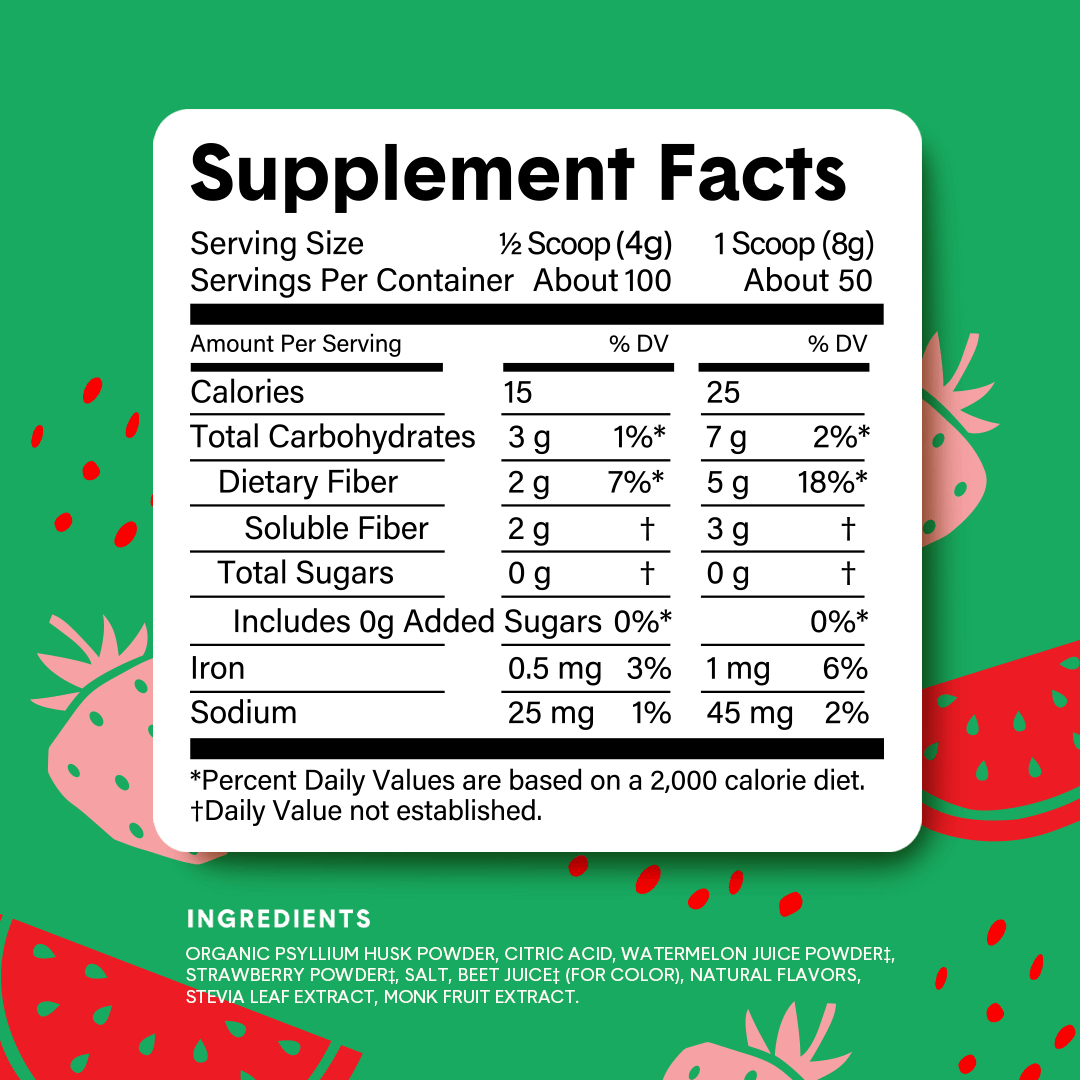 Supplement facts box and ingredient list for Bellway Super Fiber + Fruit strawberry watermelon flavor over a green patterned background.
