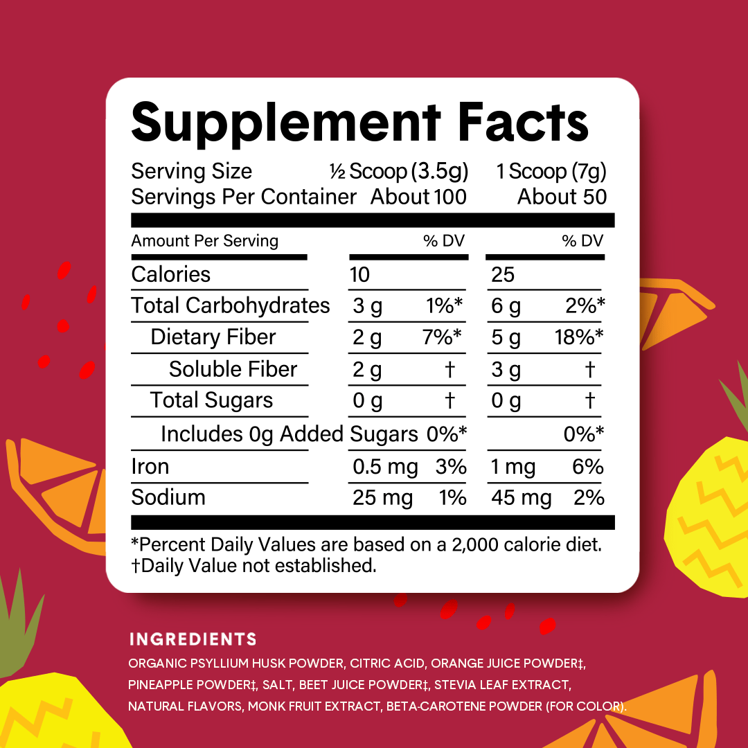 Supplement facts box and ingredient list for Bellway Super Fiber + Fruit fruit punch flavor over a red patterned background.