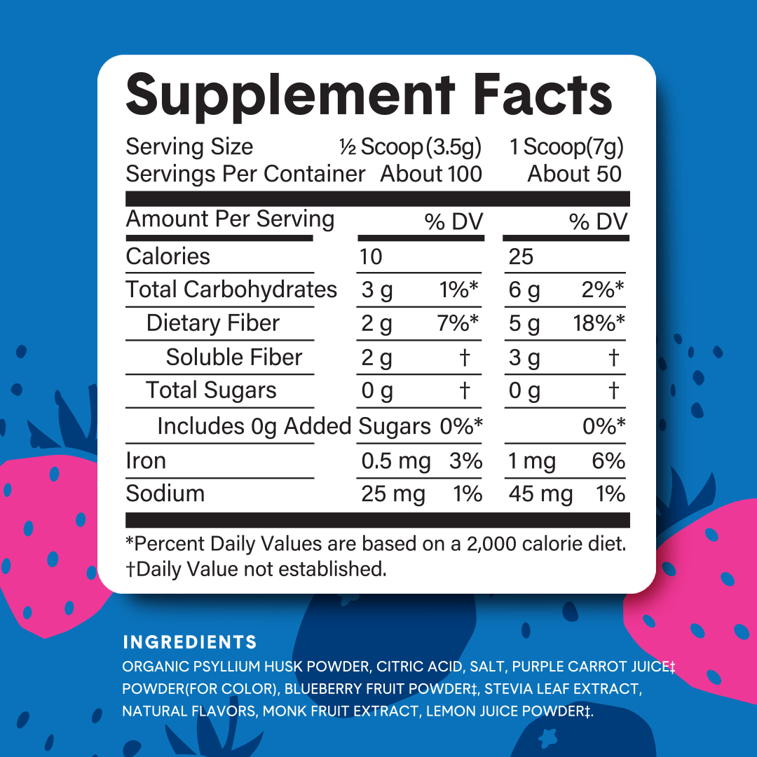 Supplement facts box and ingredient list for Bellway Super Fiber + Fruit mixed berry flavor over a blue patterned background.