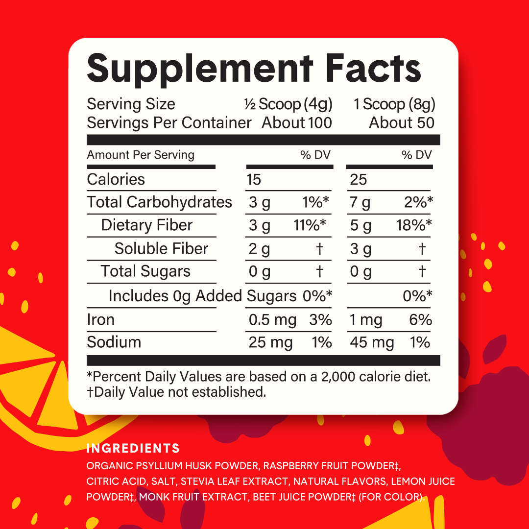 Supplement facts box and ingredient list for Bellway Super Fiber + Fruit raspberry lemon flavor over a red patterned background.