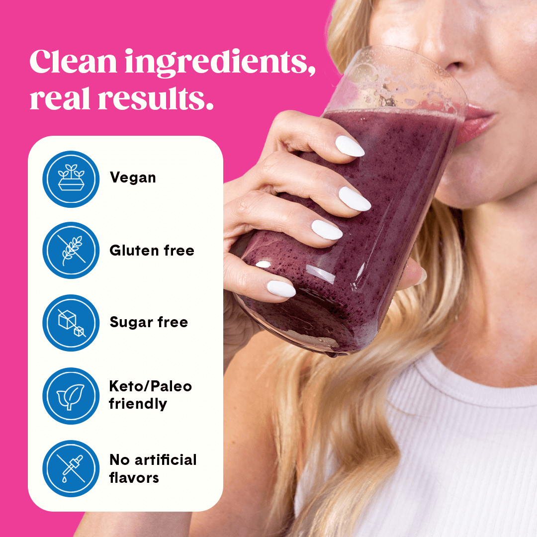 A woman sips a Bellway Super Fiber + Fruit mixed berry drink mix from a clear glass. Text highlights clean ingredients, real results: vegan, gluten free, sugar free, keto/paleo friendly, and no artificial flavors.