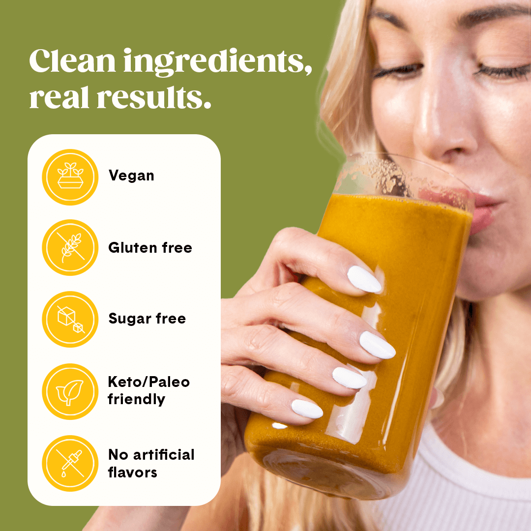 A woman sips a Bellway Super Fiber + Fruit pineapple passionfruit drink mix from a clear glass. Text highlights clean ingredients, real results: lab tested, gluten free, sugar free, keto/paleo friendly, and no artificial flavors.