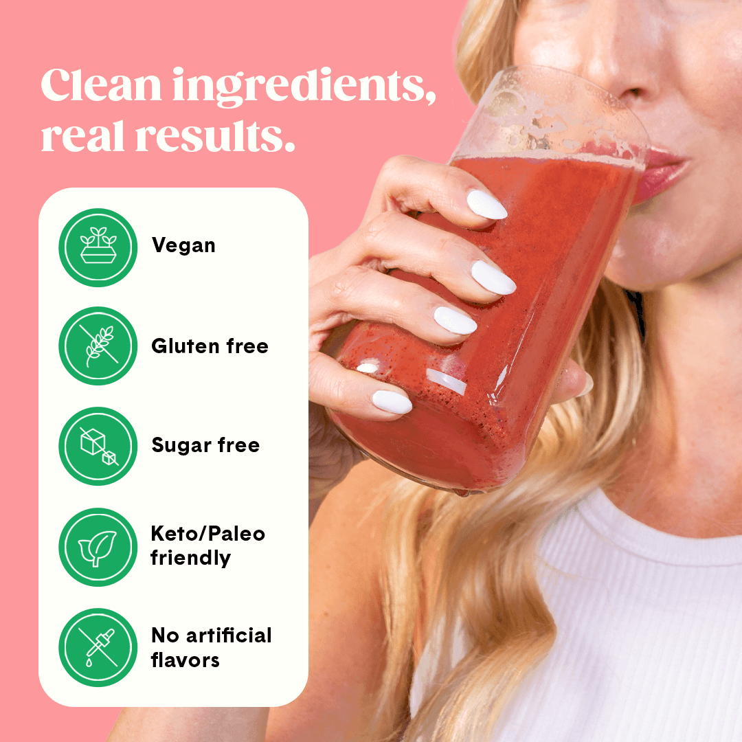 A woman sips a Bellway Super Fiber + Fruit strawberry watermelon drink mix from a clear glass. Text highlights clean ingredients, real results: vegan, gluten free, sugar free, keto/paleo friendly, and no artificial flavors.