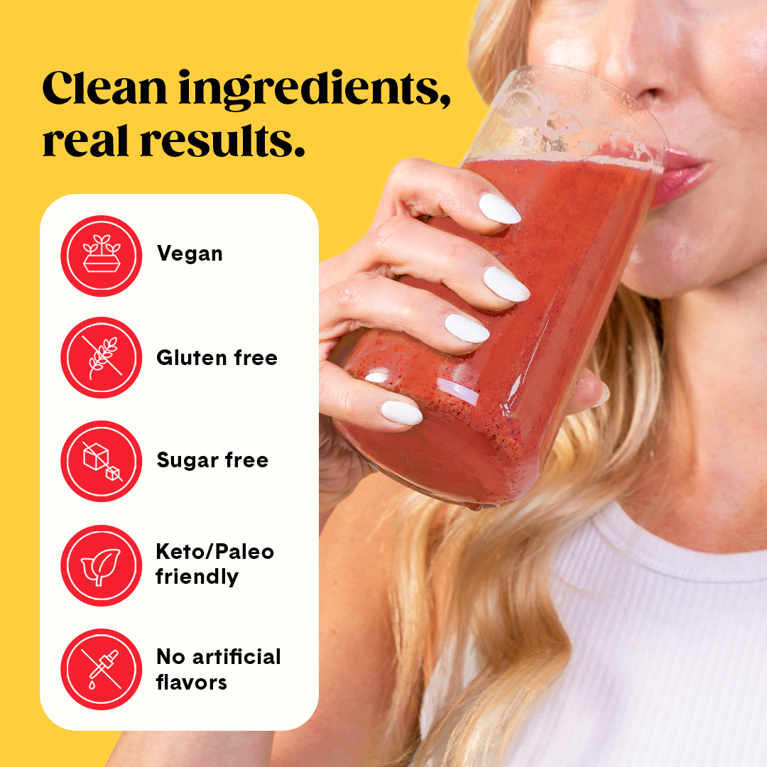 A woman sips a Bellway Super Fiber + Fruit raspberry lemon drink mix from a clear glass. Text highlights clean ingredients, real results: vegan, gluten free, sugar free, keto/paleo friendly, and no artificial flavors.