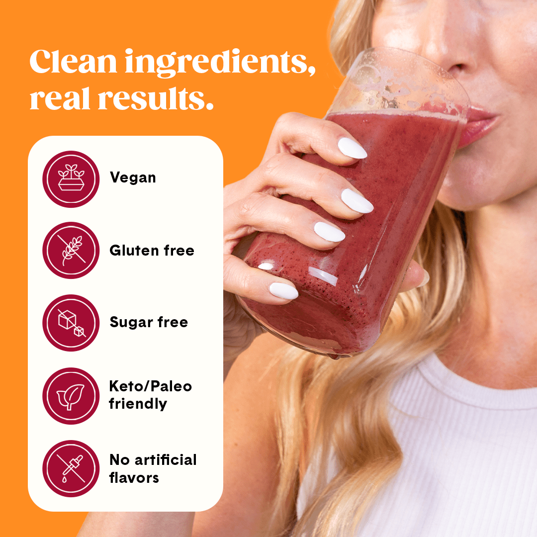 A woman sips a Bellway Super Fiber + Fruit fruit punch drink mix from a clear glass. Text highlights clean ingredients, real results: vegan, gluten free, sugar free, keto/paleo friendly, and no artificial flavors.