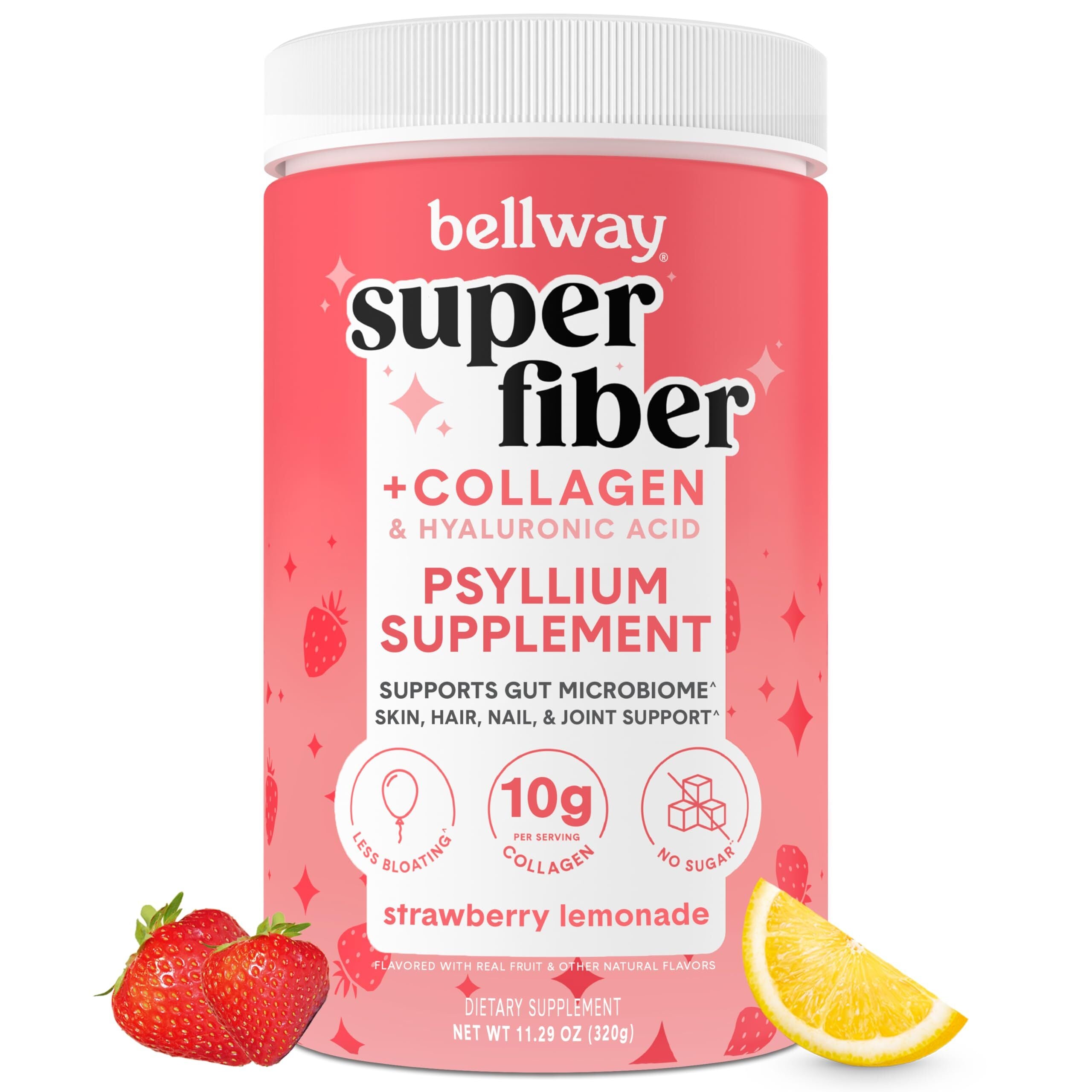 Bellway Super Fiber supplement container with strawberry and lemon on a white background