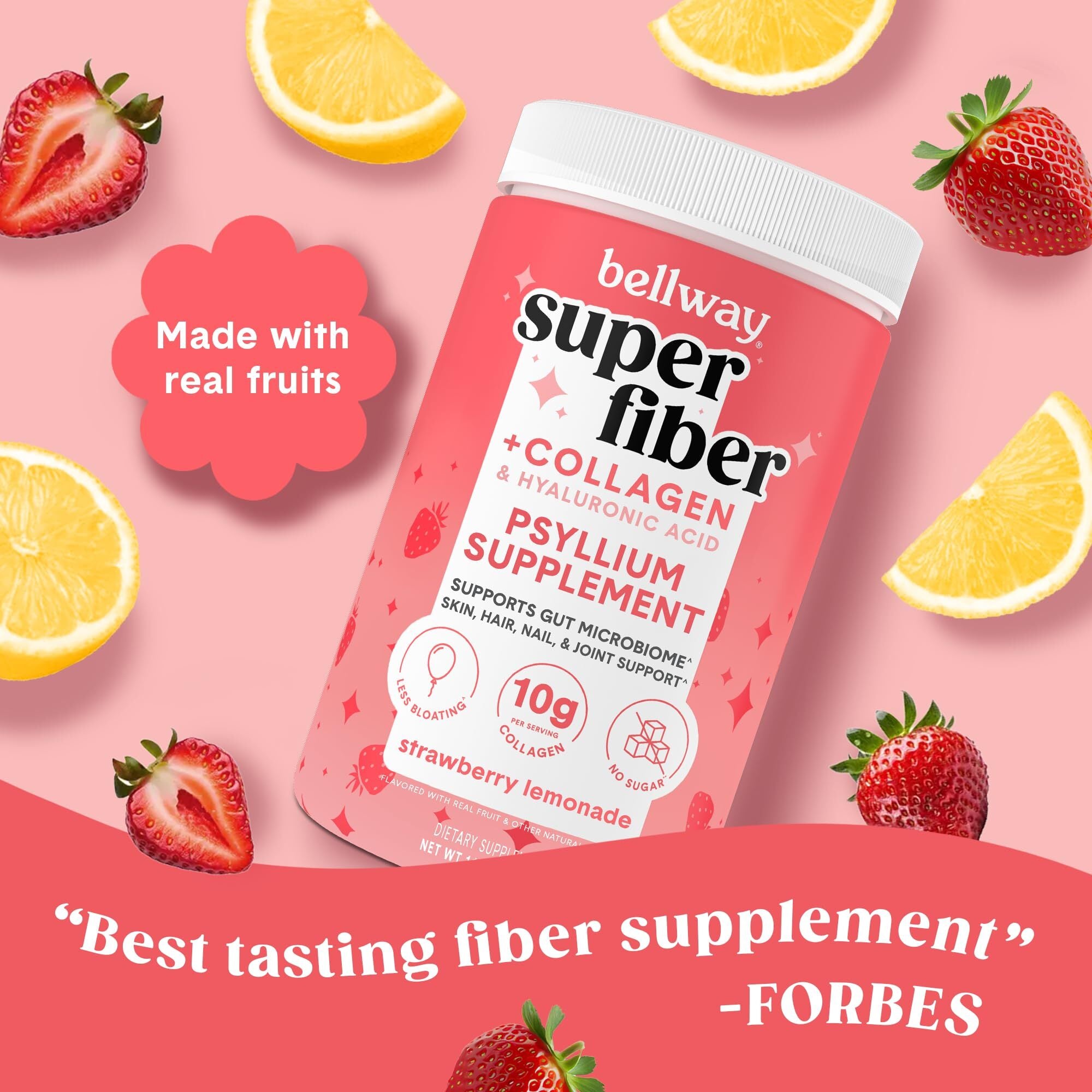 Bellway super fiber supplement jar with strawberries and lemon slices on a pink background