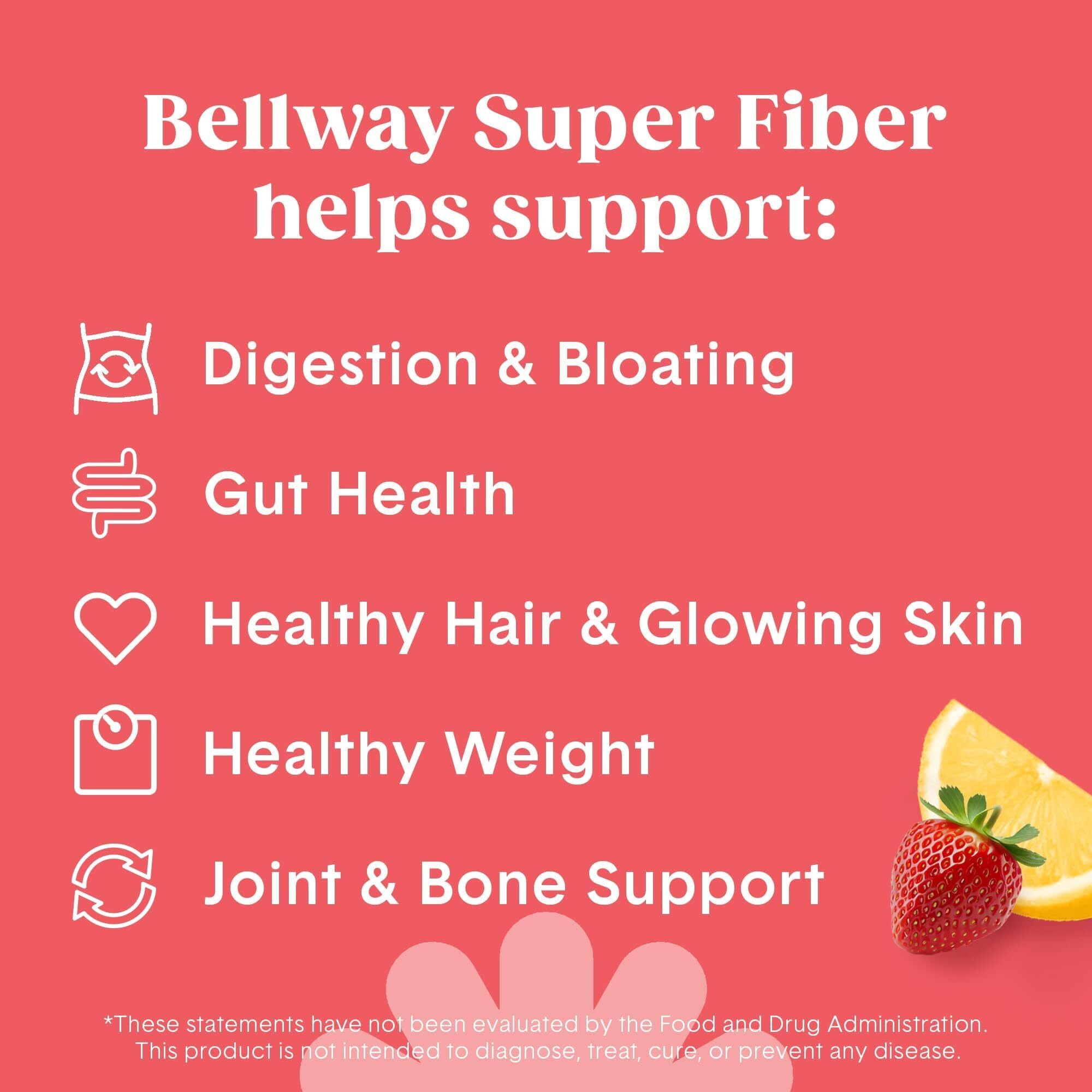 Bellway Super Fiber benefits listed on a pink background with a strawberry and lemon.